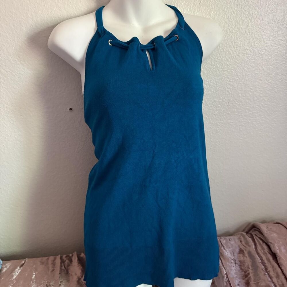 New York and Company Women's Blue Soft Sweater Knit Halter Top Size Large